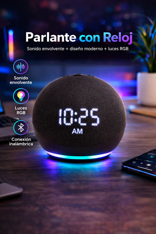 Parlante Bluetooth Alexe con Reloj y Luces RGB